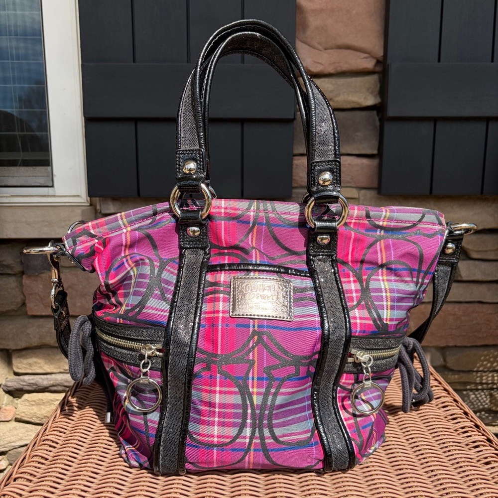 Coach Signature Poppy Tartan Plaid Spotlight Glitter Tote